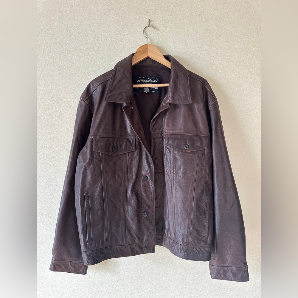 Eddie Bauer Brown Leather Trucker Jacket XL